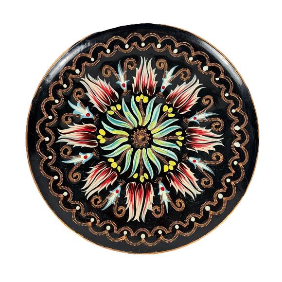 Other - Vintage Turkish Folk Art Hand Painted Etched 9.5" Copper Plate Wall Hanging